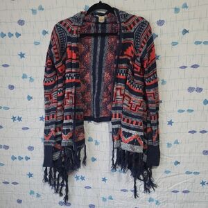 Belle Du Jour Red and Blue Patterned Fringe Cardigan